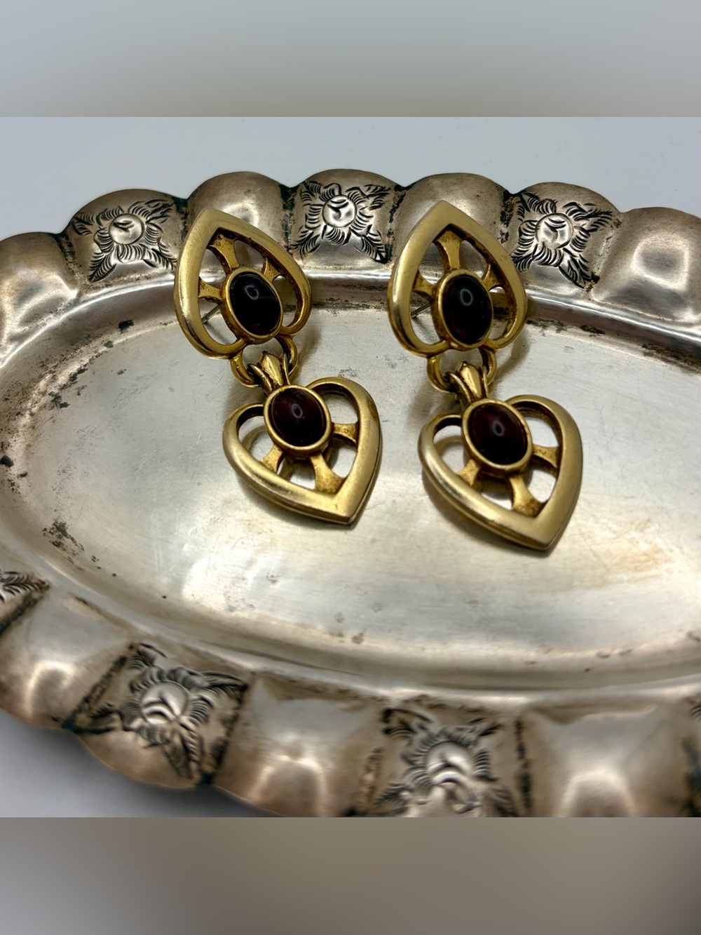 Vintage Swarovski S.A.L. Gold Tone Double Heart Earrings, Amethyst Cabochons